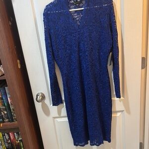 MARINA Blue Long Sleeve V-Neck Sheath Dress